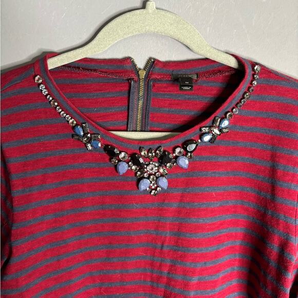 J. Crew Red and Blue Striped Top With Beaded Neckline 3/4 Sleeves Size Medium - Picture 2 of 7